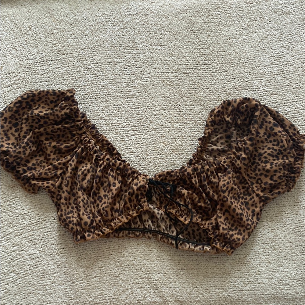 Leopard Print Puff Sleeve Crop Top - Brown